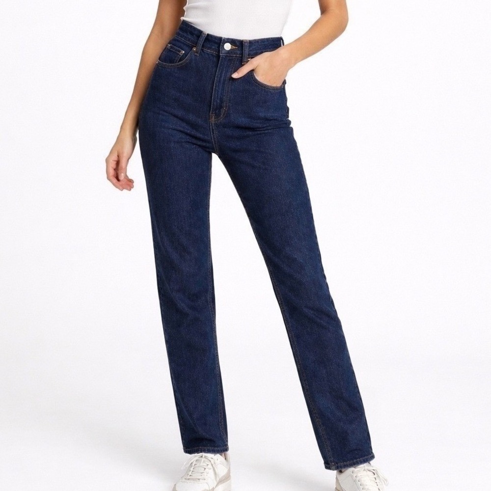 Mango Havana High Waist Straight Leg Cropped Jeans Dark Wash Button Fly NWT 26